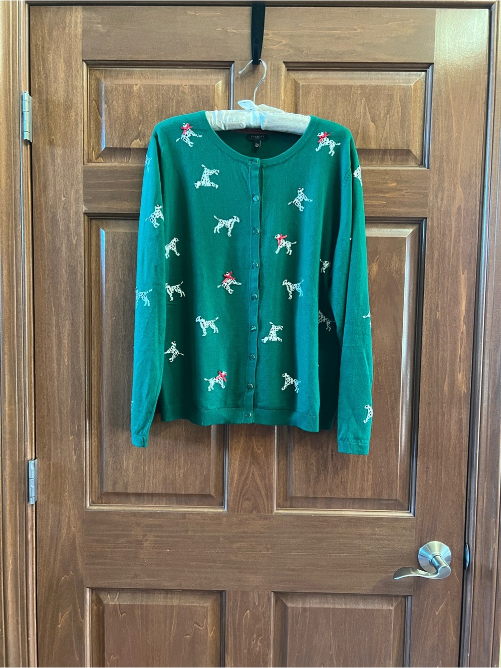 Talbots Cardigan Button Front with Dalmatians and Red Bows Green Size XLP